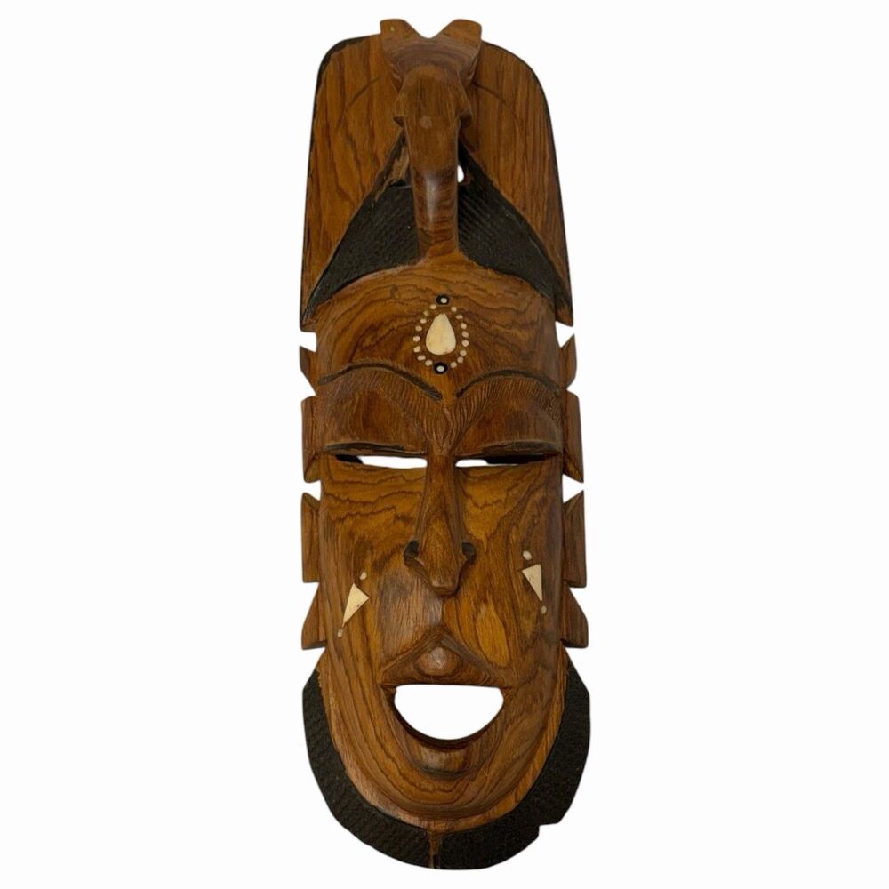 Hand Carved Wood Elephant Headdress Mask 17” Inlay African Style Wall Art